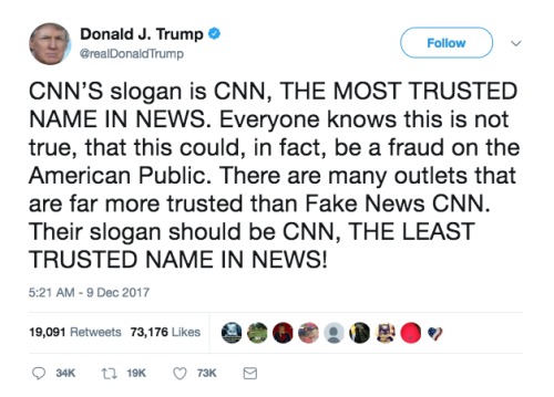 川普推文批评CNN报道假新闻。