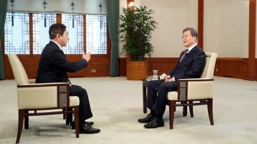 2017年12月8日，在韓國總統府青瓦臺，總統文在寅接受中國中央電視臺專訪。