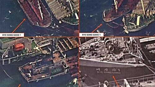 美國偵察衛星拍攝到朝鮮船舶在朝鮮半島西海公海上，自中國船舶上進行油類走私的現場畫面。