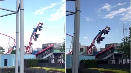 北京歡樂谷遊戲場的一個360度各種旋轉的遊樂設施在飛速旋轉的時突然卡住
