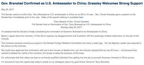 美国参议院确认布兰斯塔德为驻华大使。