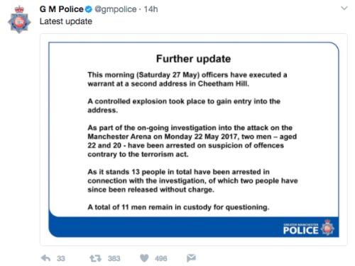 大曼彻斯特警察局在官方推特发布消息称，逮捕两名涉曼彻斯特体育场爆炸案嫌疑人。