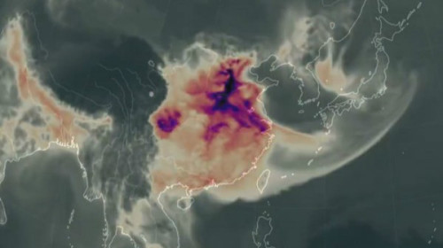 近日「全球氣象動畫地圖」發布一段影像，顯示東亞自今年1至3月的一氧化碳表面濃度，顯示出污染源主要是來自於中國。