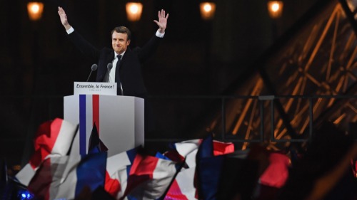 5月7日，馬克龍 贏得大選後向支持者講話。（Getty Images）
