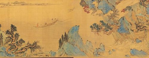 文徵明《仿赵伯骕后赤壁图》卷（局部）描绘苏轼与友人游赤壁的情景。