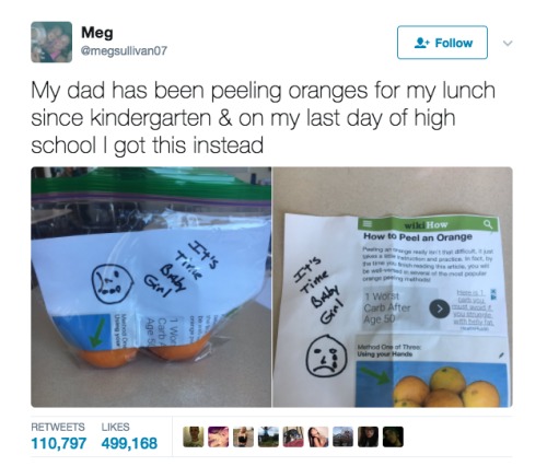 梅格在推特分享父亲的剥橙皮说明书。