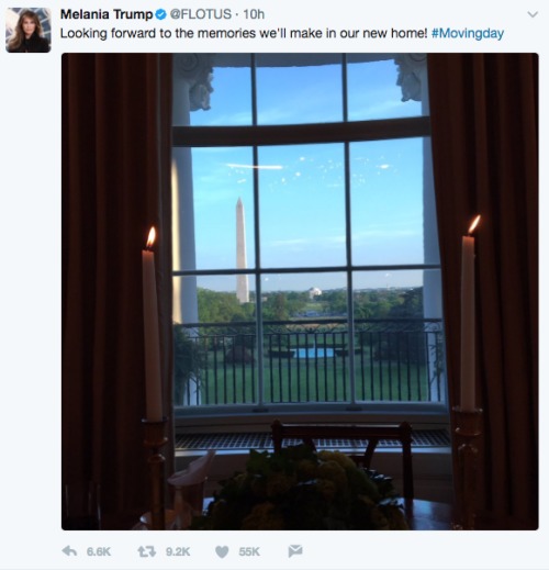 美国总统川普妻子梅兰妮亚入住白宫后发推文。