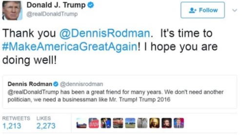 川普在推特发文感谢罗德曼支持他竞选美国总统。 