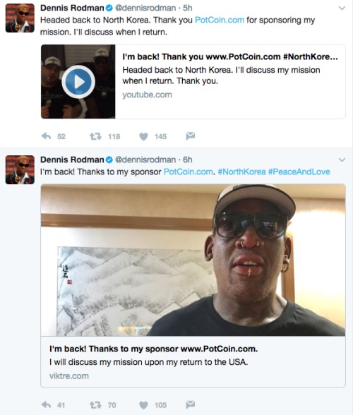 羅德曼在個人推特宣布再次訪問朝鮮。