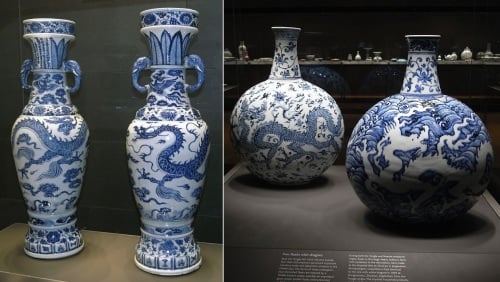 青花瓷(左：1351年，元景德镇窑大维德花瓶，大维德基金会藏，大英博物馆展出）　（右：左后：永乐青花龙纹扁壶，右前：永乐青花海水白龙纹扁壶，大维德基金会藏品，大英博物馆展出）