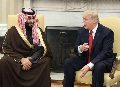 2017年3月14日，美国总统唐纳德・特朗普在华盛顿特区白宫的椭圆形办公室会见了沙特阿拉伯副王储兼国防部长穆罕默德・本・萨勒曼。