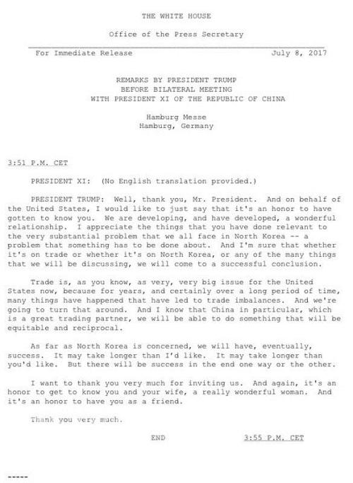 白宫8日公布美国总统川普与中国国家主席习近平会面时的开场谈话逐字稿，不过，白宫却误植习近平的头衔为“中华民国习总统”。（图片来源：白宫新闻截图/中央社传真） 