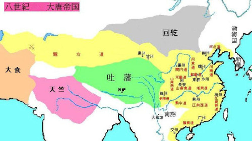 安史之乱是唐朝由盛而衰的转折点，图为安史之乱前的唐朝疆域。 