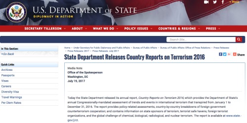 7月19日，美國國務院發布《2016年反恐形勢國別報告》。