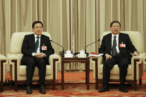 時任上海市長楊雄和上海市委書記韓正一起時風光的樣子。