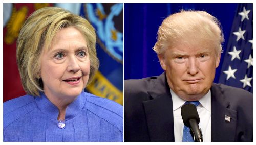 图为2016年美国总统大选期间的美国两党总统候选人希拉里（左）和川普（右）的合成图。（图片来源：DSK/AFP/Getty Images）