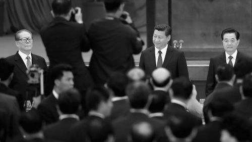 2014年9月30日，习近平、江泽民、胡锦涛出席中共建政周年招待会。