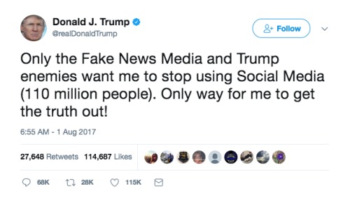 川普发推文称不会停止使用社交媒体。