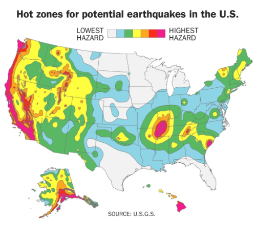 美国地震局绘制地震高发地区。