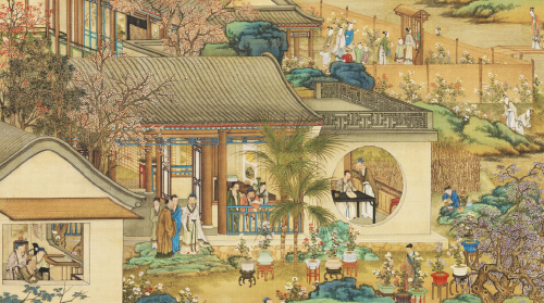 这一幅清院画十二月令图，描绘古人观赏菊花的场景。