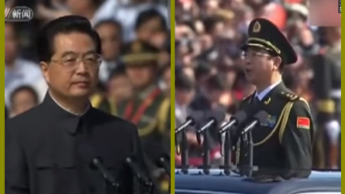 2009年10月1日，胡锦涛检阅中共部队，房峰辉作为阅兵总指挥。两人对视瞬间。（视频截图）