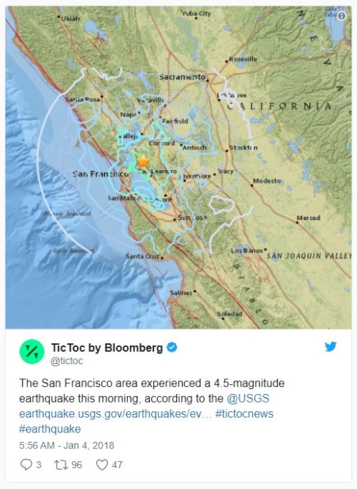 旧金山发生4.5级地震3年来最大规模