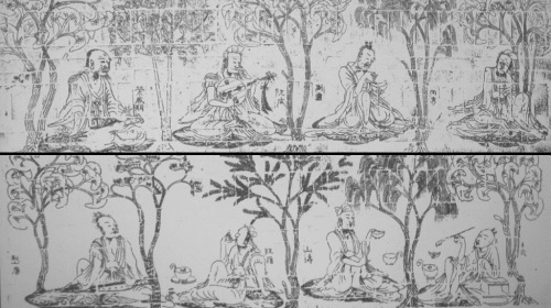 竹林七賢上圖（左到右）：榮啟期、阮咸、劉伶、向秀，下圖（左到右）：嵇康、阮籍、山濤、王戎