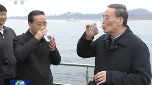 王岐山唱水库水时，湖北省委书记蒋超良盯着看。