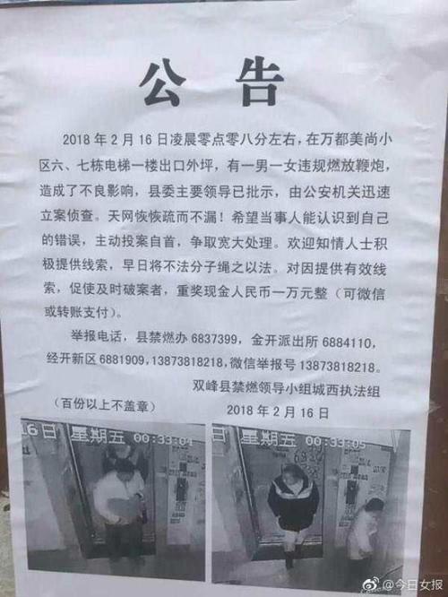 湖南省「雙峰縣禁燃領導小組城西執法組」發布的追捕公告