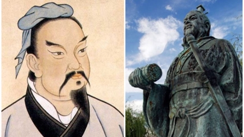 左：孙武画像（清宫殿藏画本），右：矗立于日本鸟取县汤梨滨町燕赵园的孙武铜像。