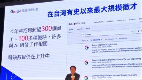 Google於21日宣布在台進行歷年來最大規模人才招聘，目前已開出超過100種包括人工智慧（AI）研發在內的相關職缺，預計今年將聘用超過300位台灣員工。