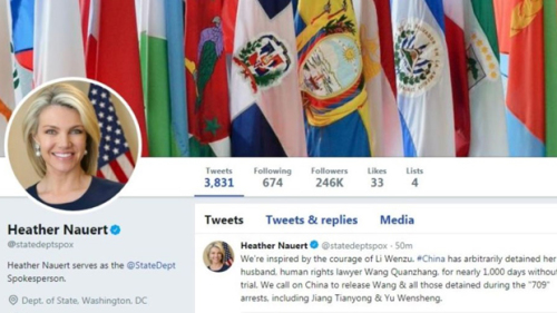 美国国务院发言人希瑟‧诺尔特发推特声援李文足