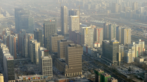 位于北京市建国门至朝阳门一带的北京中心商务区鸟瞰