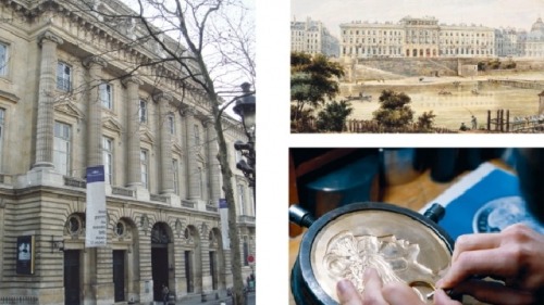 左圖：巴黎鑄幣廠外景（攝影：PHGCOM/維基百科）；右上：巴黎鑄幣廠19世紀圖（公有領域/維基百科）右下：一名工匠在巴黎鑄幣廠內製作獎牌。（AFP/Getty Images）