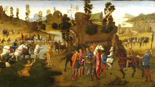 意大利文艺复兴画家弗朗切斯卡所绘《恺撒渡过卢比孔河》，呈现了恺撒从吹金号的神奇人物那里领受神谕、渡河前进罗马的故事。英国维多利亚与阿尔贝特美术馆收藏。