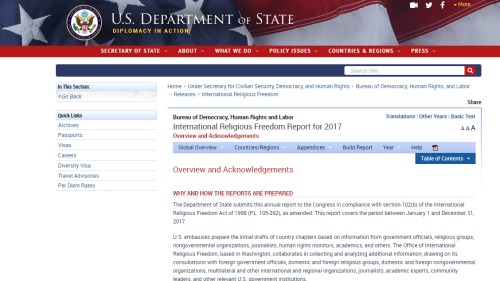 美国国务院于5月29日发布2017年度《国际宗教自由报告》