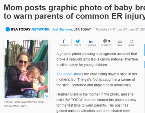 美国妈妈晒出一张照片警告家长千万别抱着孩子玩滑梯
