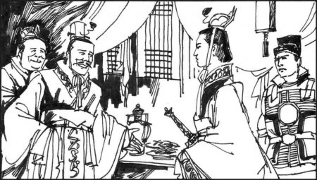 李建成、李元吉（左一）假意設下酒宴，毒害李世民。（圖片來源：大紀元）