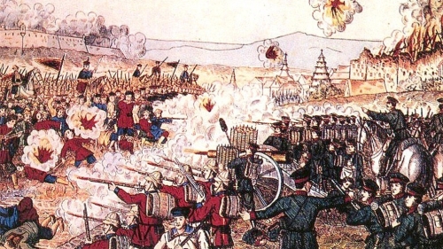 野蛮之革命如庚子之义和团。1900年联军与义和团在天津交战。