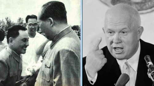 左：邓小平与毛泽东。右：赫魯曉夫批判斯大林。