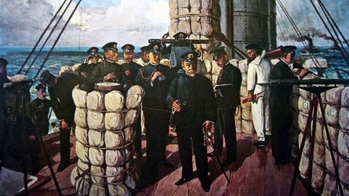 東鄉平八郎大將在旗艦三笠號艦橋上指揮對馬海峽海戰的油畫