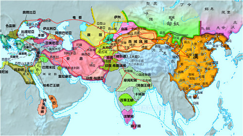 漢帝國氣吞山河，是中國歷史上的輝煌時代。圖為漢武帝時代歐亞大陸形勢。