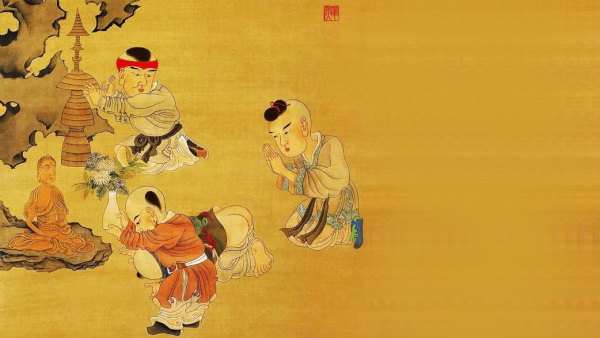 骆宾王、李泌、陈知玄小时候均被视为神童。古代孩童示意图，陈洪绶《童子礼佛图》。