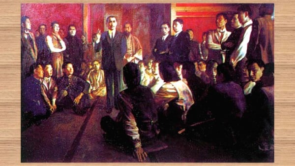 孙中山和同盟会、光复会的革命党人英勇牺牲换来亚洲第一共和国。图为同盟会成立情形油画。