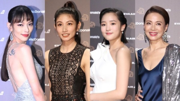 第56屆金馬獎星光紅毯23日晚間登場，藝人姚以緹（左起）、李千那、王淨、柯淑勤亮麗現身。