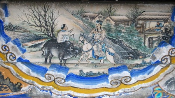 颐和园长廊彩绘：三国演义故事，刘备路访水镜(骑马者为刘备)