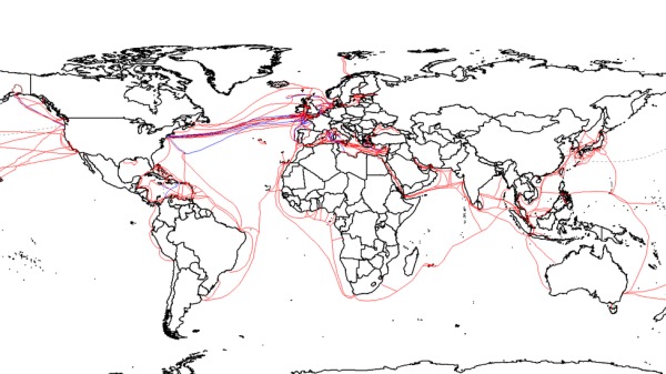 2007年版本的全球海底光纜圖，連接台灣本島的國際海底光纜接入點有4個