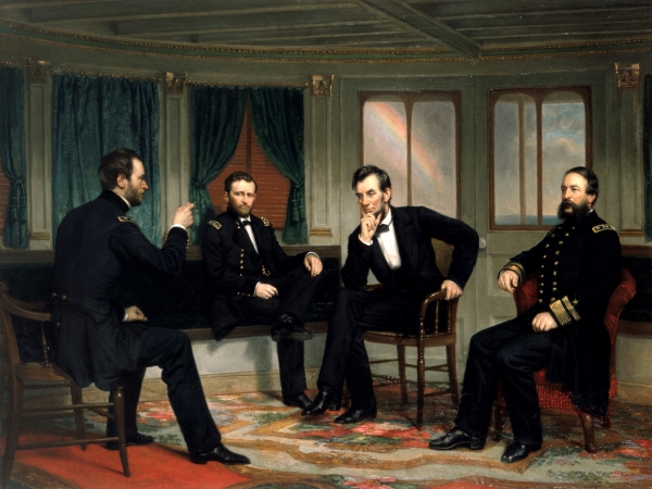 林肯（中右）與（自左）舍曼、格蘭特和波特。1868年作品。