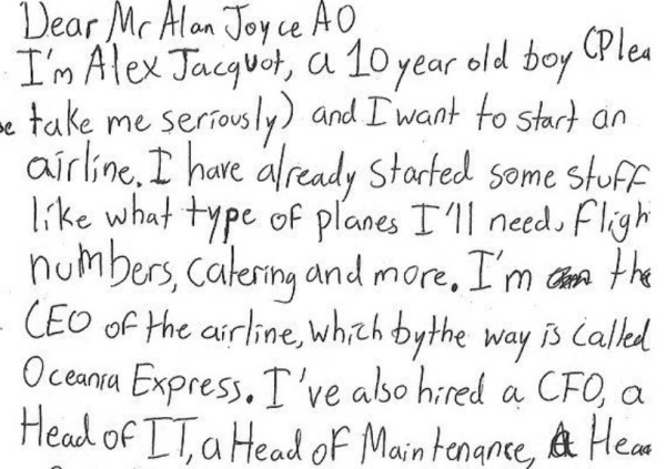 10岁男童问怎么开一家航空公司 CEO回复了