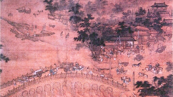 《卢沟筏运图》，描绘1266年元世祖在卢沟桥附近河运石木以建造大都宫殿的情景。